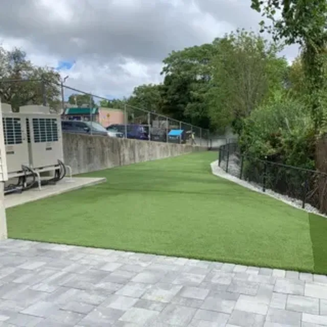 Synthetic turf installation in a backyard